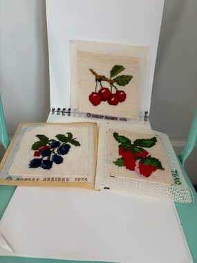 Vintage Lot of 3 Completed Sunset Designs Berry Needlepoints